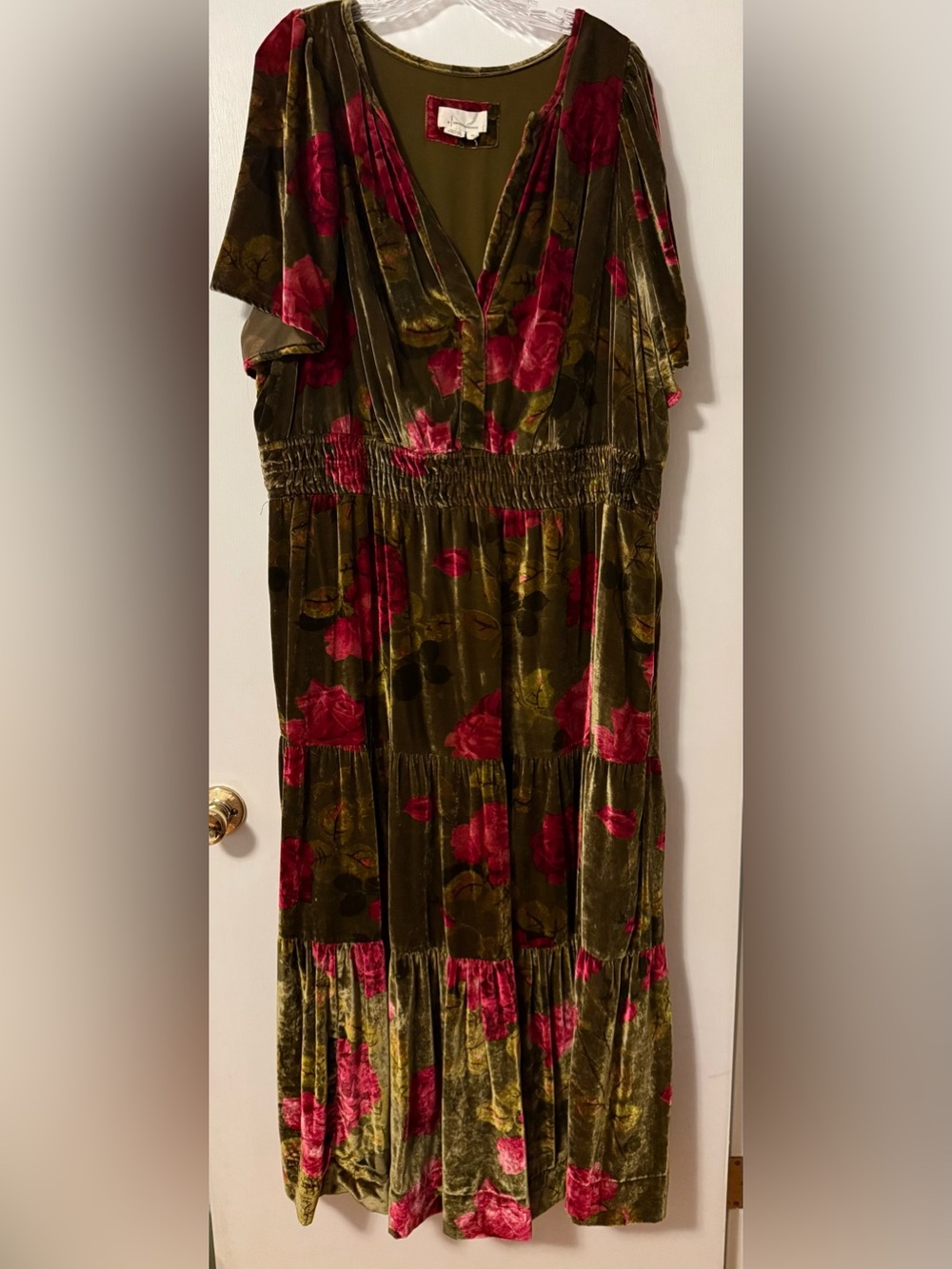 Somerset Roses Dress Velvet Anthro Anthropologie Floral Maxi Green Pink Plus 3X